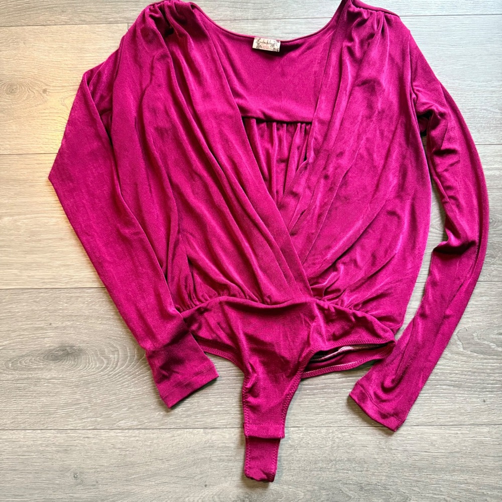 Intimately Free People Pink Ruched Faux Wrap‎ Long Sleeve Bodysuit
